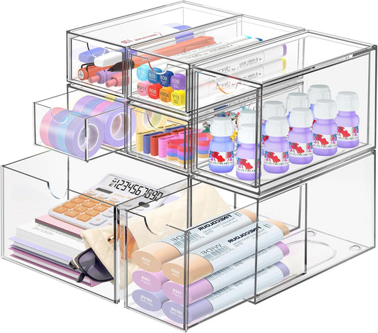 Desk Organizer with 7 Drawers, FODIENS 7 Packs Acrylic Stackable Desktop Storage Drawers Makeup Organizer, Clear Craft Storage Box Cabinets for Office Vanity Countertop Bathroom Bedroom