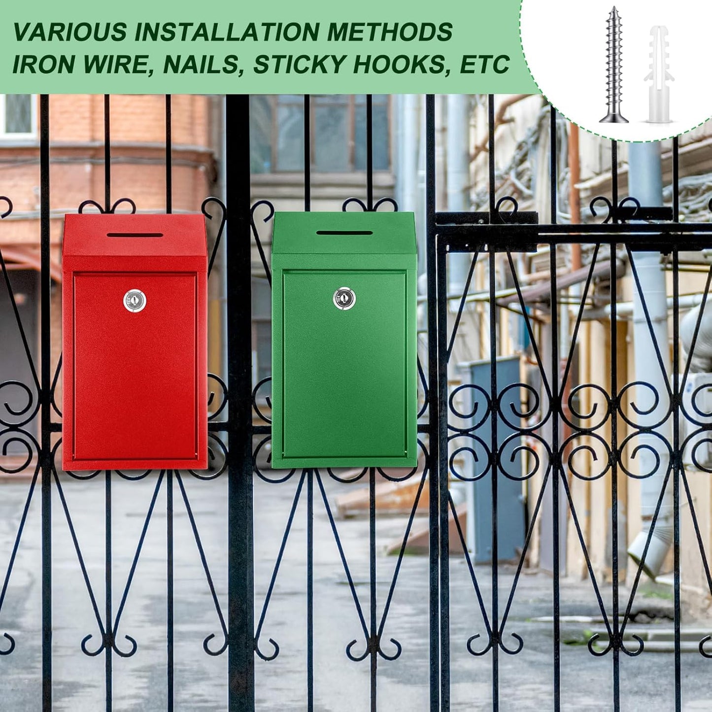 2 Pack Metal Suggestion Boxes with Lock Keys Ballot Donation Boxes with Slot for Fundraising Wall Mounted Mailbox Delivery Container for Home Office Outdoor Door, 10.2x5.7x2.95in(Red, Green)