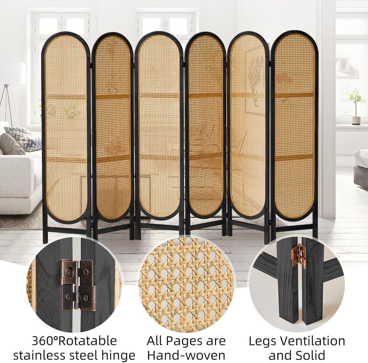 6 Panels Room Dividers and Hand-Woven Rattan Room Divider Wall, Wood Room Divider Folding Privacy Screens for Home Office Bedroom, Black