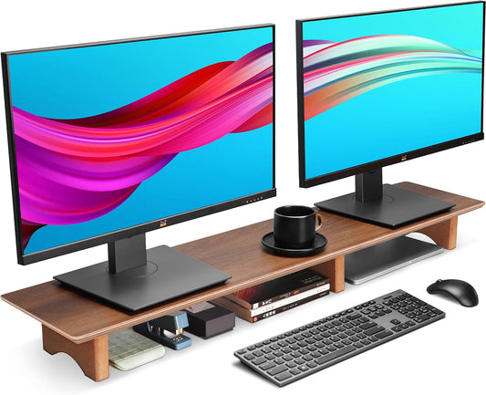 Aothia Large Dual Monitor Stand Riser, Solid Wood Desk Shelf with Eco Cork Legs for Laptop Computer/TV/PC/Printers, Perfect Desktop Stands Organizer with Underneath Storage for Office Accessories