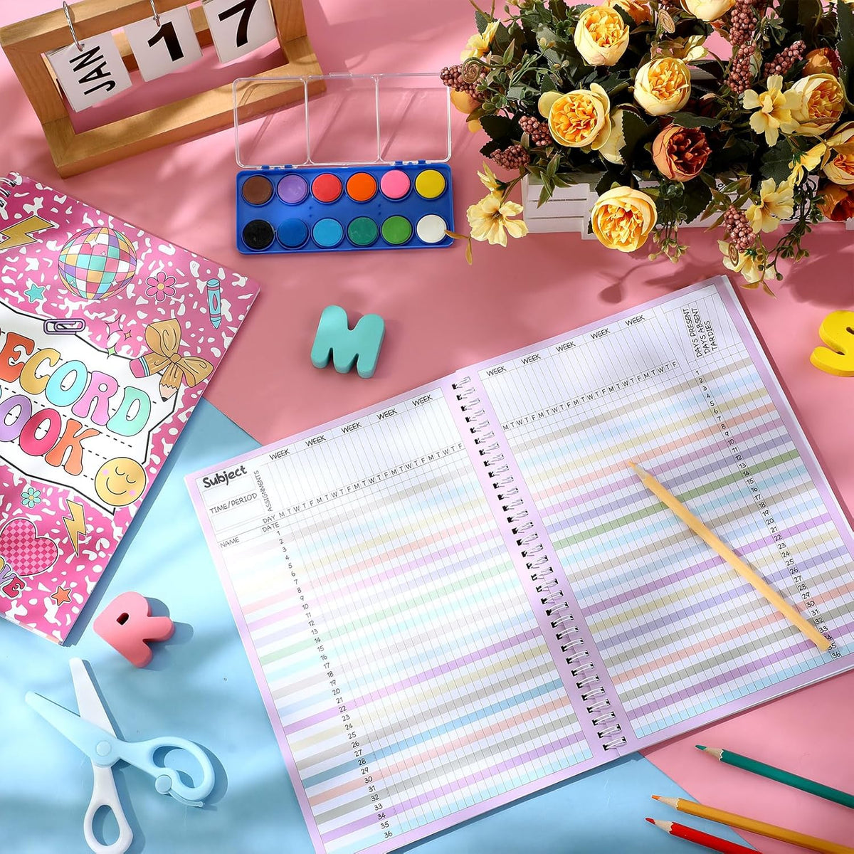 Teacher Record Book Teacher Grade Book Spiral Bound Record Class Gradebook Office Favors Gift for Classroom Attendance Decoration Double Sided Color Printing(Pink)