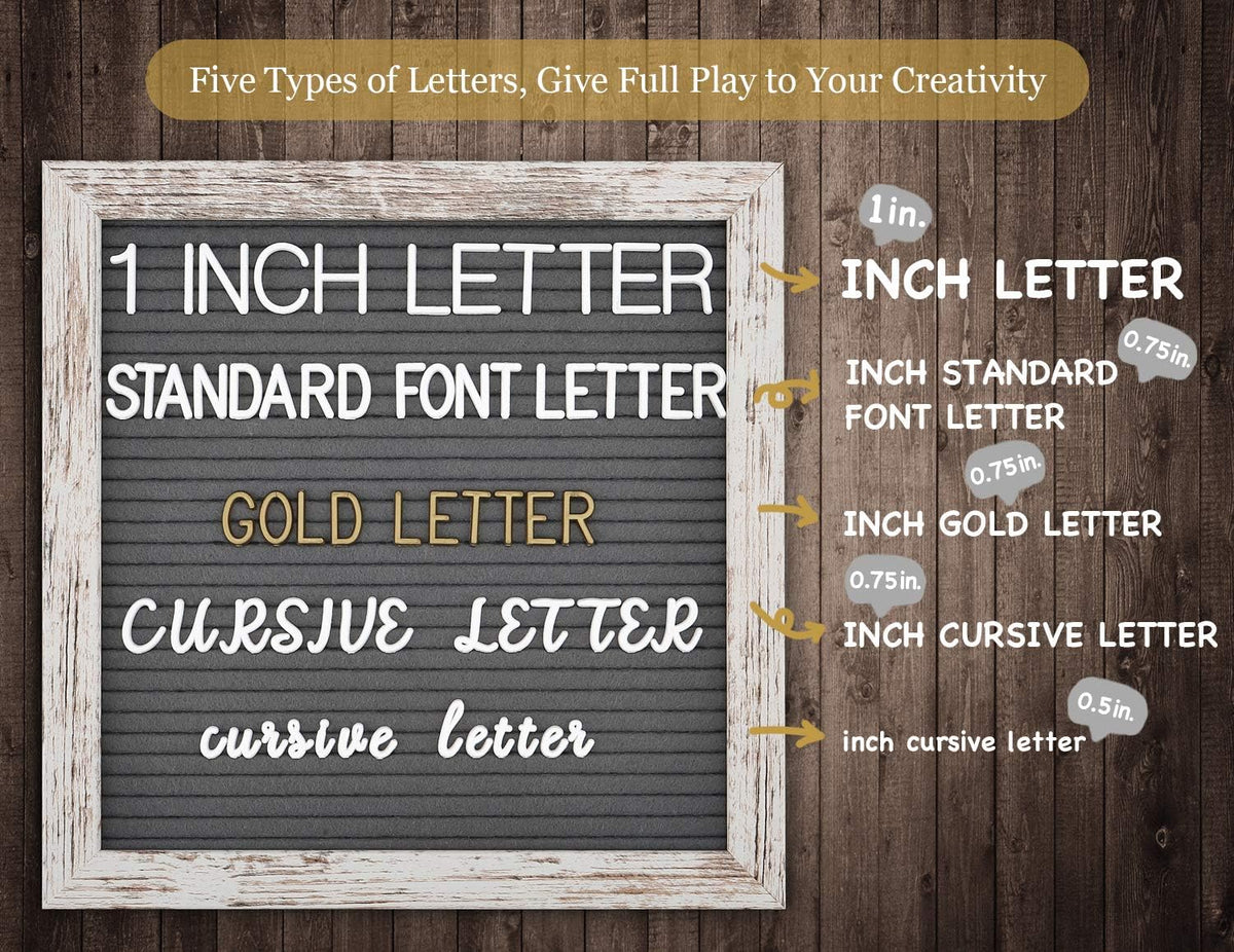 Double Sided Felt Letter Board with Rustic Wood Frame 10x10 Inch - Pre Cut & Sorted 725 Letters with Stand, Cursive Style Letters, Big Letters, Letter Organizer, Tabletop Display