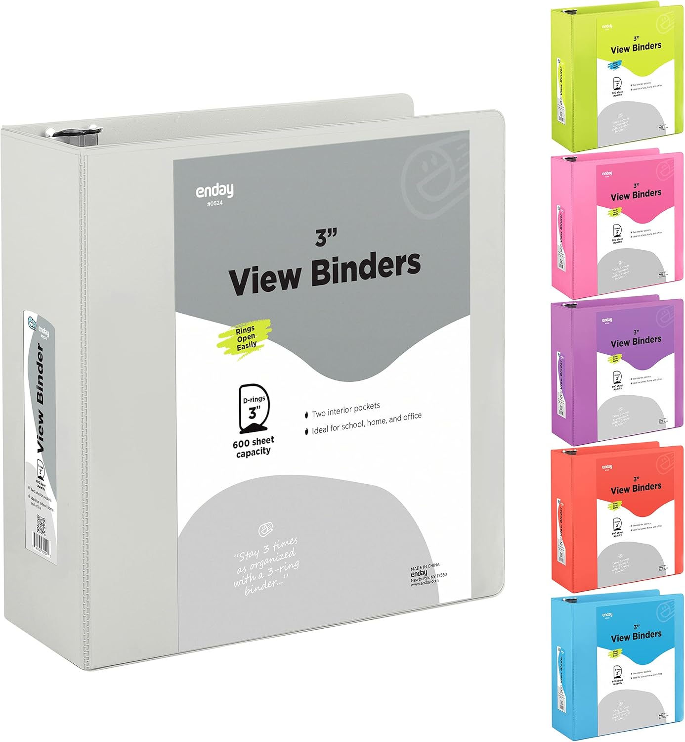 3 Slant D-Ring Binder 3 Inch Grey, 3 in Clear View Cover with 2 Inside Pockets Binder, Heavy Duty Colored School Supplies Binders,Also Available in Green, Red, Purple, Blue, Pink (24 PC) – by Enday