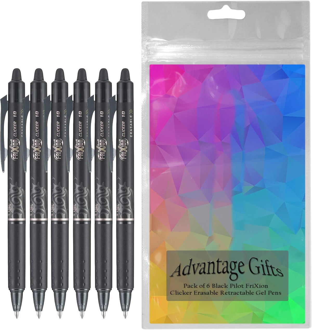FriXion Clicker Retractable Erasable Gel Pen, Black, Bold Point, 6-pk; Bundle with Plastic Reusable Pouch