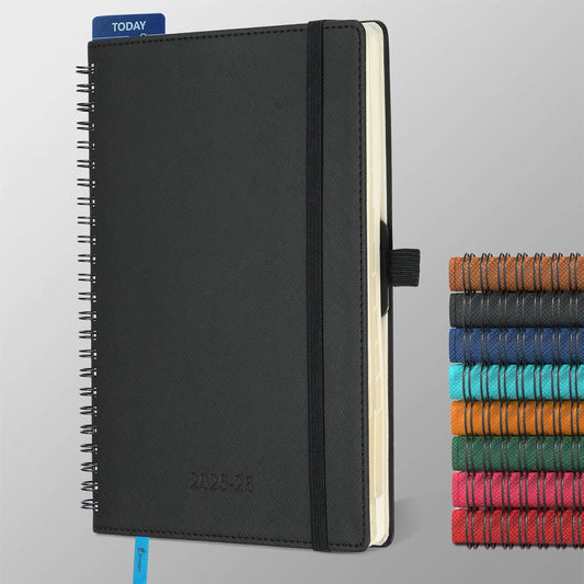 Planner 2025-2026 Daily Weekly and Monthly,8.5"x6.5",18 Months Spiral Bound Calendar Agenda with Self-adhesive Pen Holder,2026 Academic Plan with Vegan Leather Soft Cover,Black