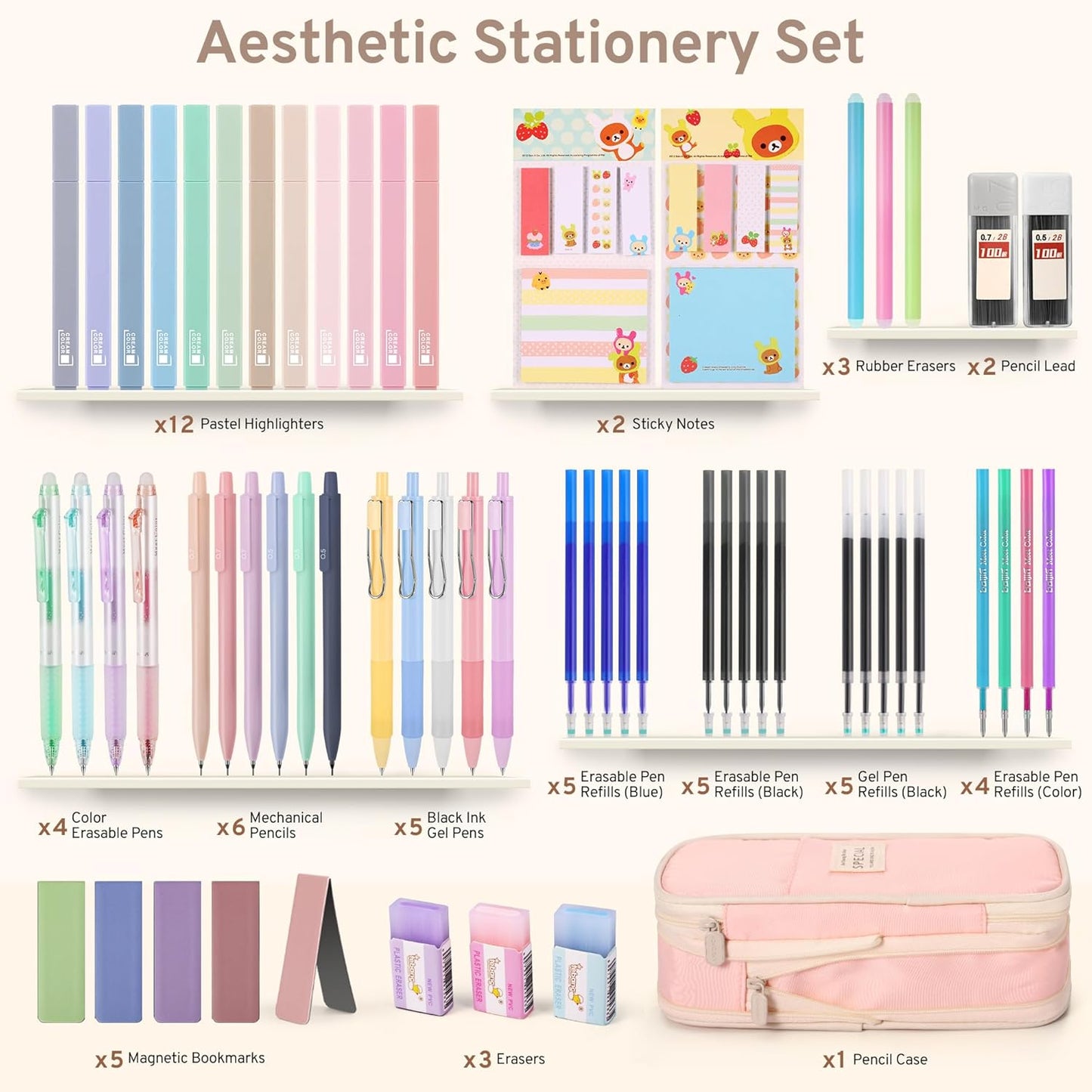 DazSirit 62 PCS Aesthetic School Supplies with Foldable Pencil Case, 12 Pastel Highlighters, 4 Erasable Pens, 5 Gel Pens, 6 Mechanical Pencils, Sticky Notes, Complete Stationery Kit for Teens, Pink