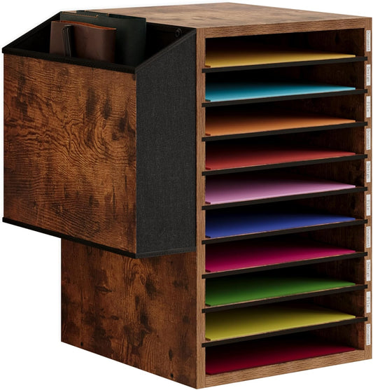 Office Mail Sorter, Wooden Paper Organizer with Storage Bag, 10 Tier Adjustable Classroom Mailbox, Removable Classroom Organization, Teacher Desk Organization for Office, Study, Brown