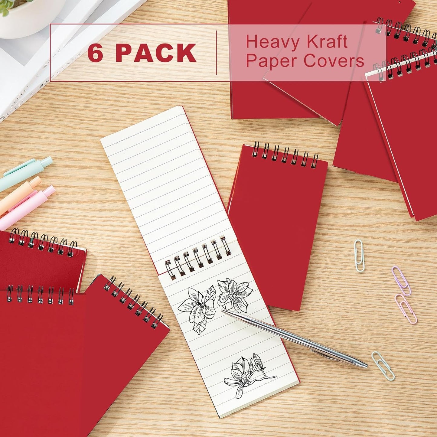 Tenceur 6 Pcs Pocket Notebook Bulk Small 3x5 Inch Spiral Notepads Mini Top Bound Notebook with Lined 120 Pages Ruled Memo Pads for Office College Nurse Essentials Back to School Gift (Red)