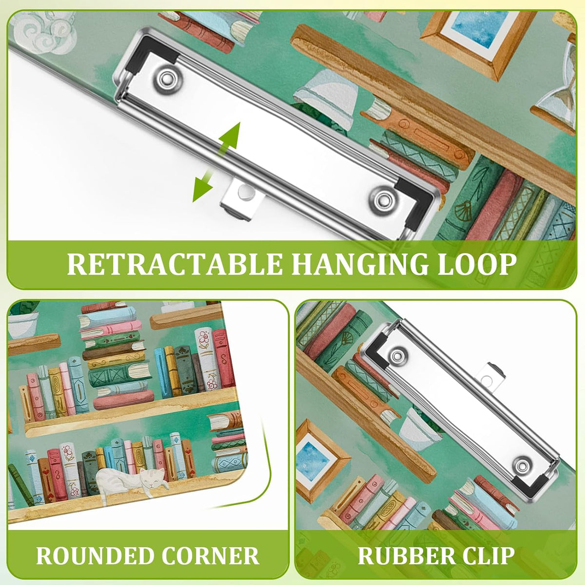Cat Bookshelves Clipboard,Decorative Acrylic Clipboard with Low Profile Metal Clip for Office,School,Teachers,Students Standard Letter Size 9x12.5