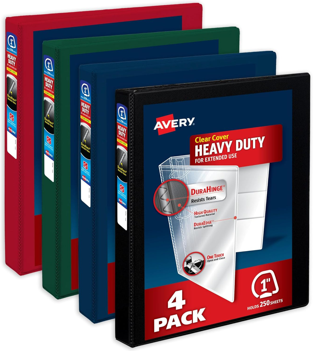 Avery Heavy-Duty View 3 Ring Binders, 1 Inch One Touch Slant Rings, 250-Sheet Capacity, Assorted Dark Colors, 4-Pack (79632) – for School, Office, Teachers, Classrooms & Home Organization