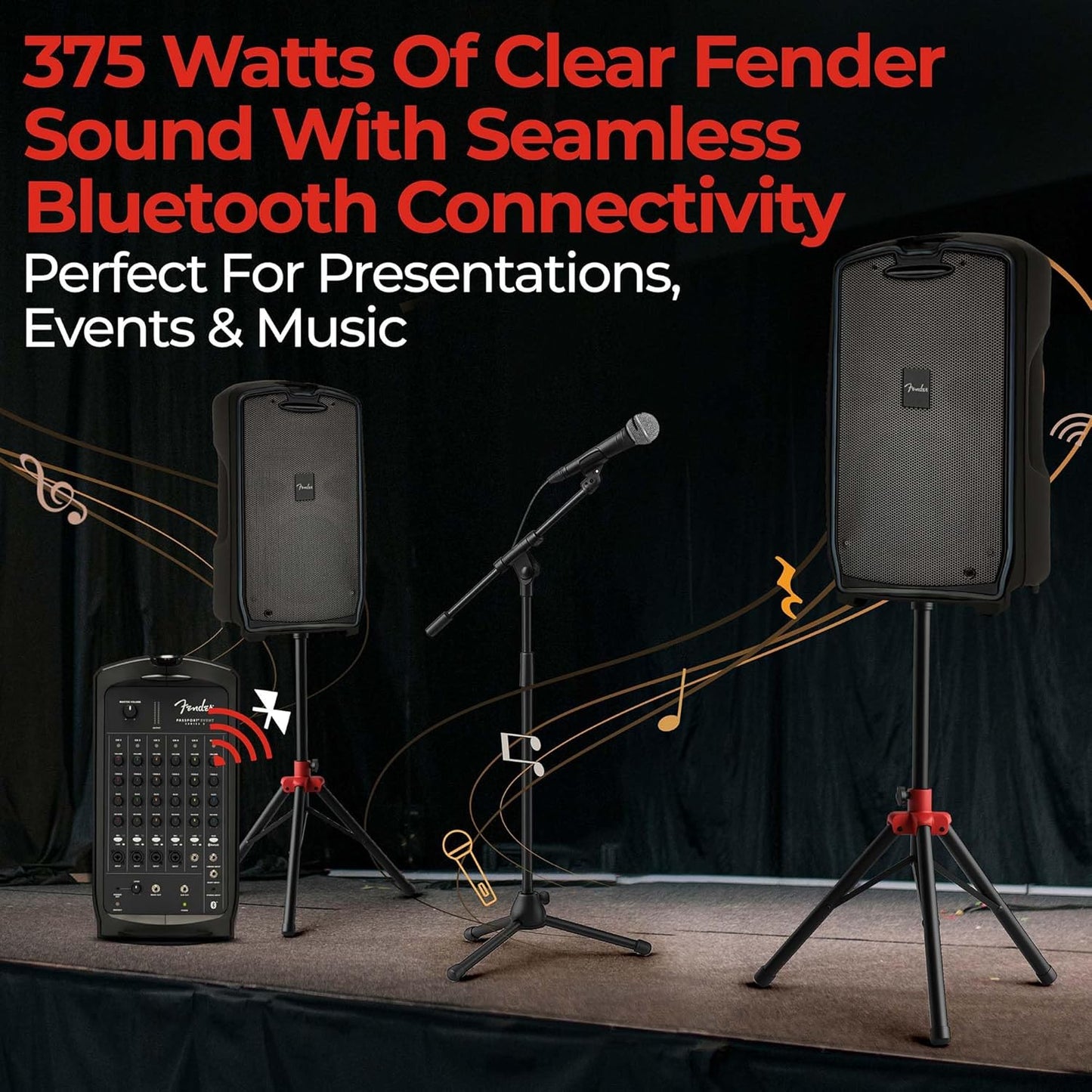 Fender Passport Event S2 Portable PA System Bundle with Microphone, Compact Speaker Stands, XLR Cable, and Instrument Cable
