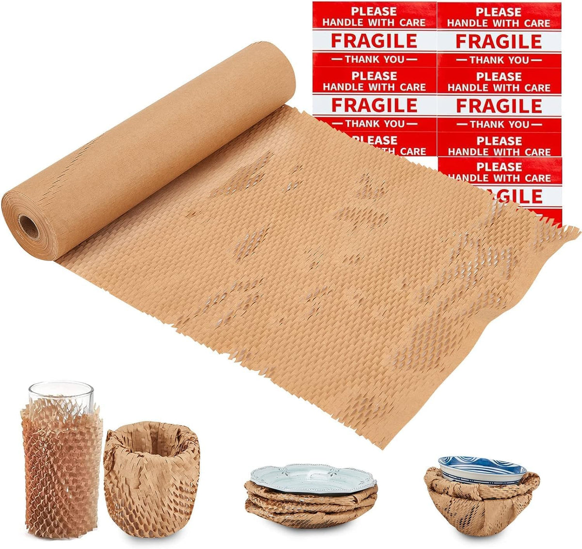 Honeycomb Packing Paper, 15"x300' Honeycomb Cushioning Bubble Wrap Paper Roll for Moving Shipping Breakables Packaging Gifts with 20 Fragile Sticker Biodegradable & Fully Recyclable Brown Kraft