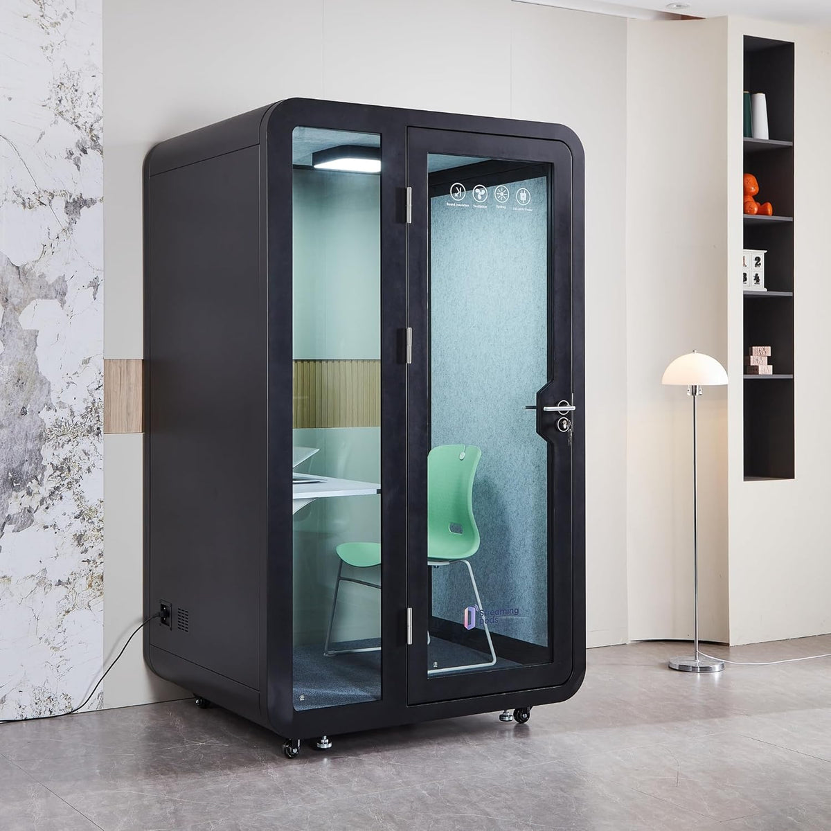 GEARONIC Solo Office Sound Booth Pod Audio Privacy, Mobile Roller with Desk, LED Light, Fans and AC USB Ports (Black Obsidian)