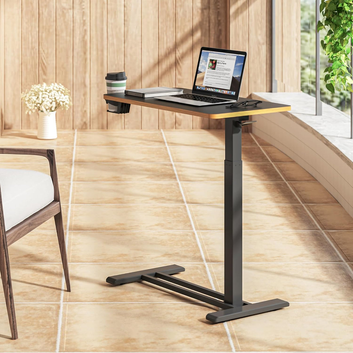 SANODESK Medical Adjustable Overbed Bedside Table with Hidden Casters, Pneumatic Mobile Laptop Computer Standing Desk Cart with Tray, Hospital and Home Use(27.6" W x 15.7" D, Black)