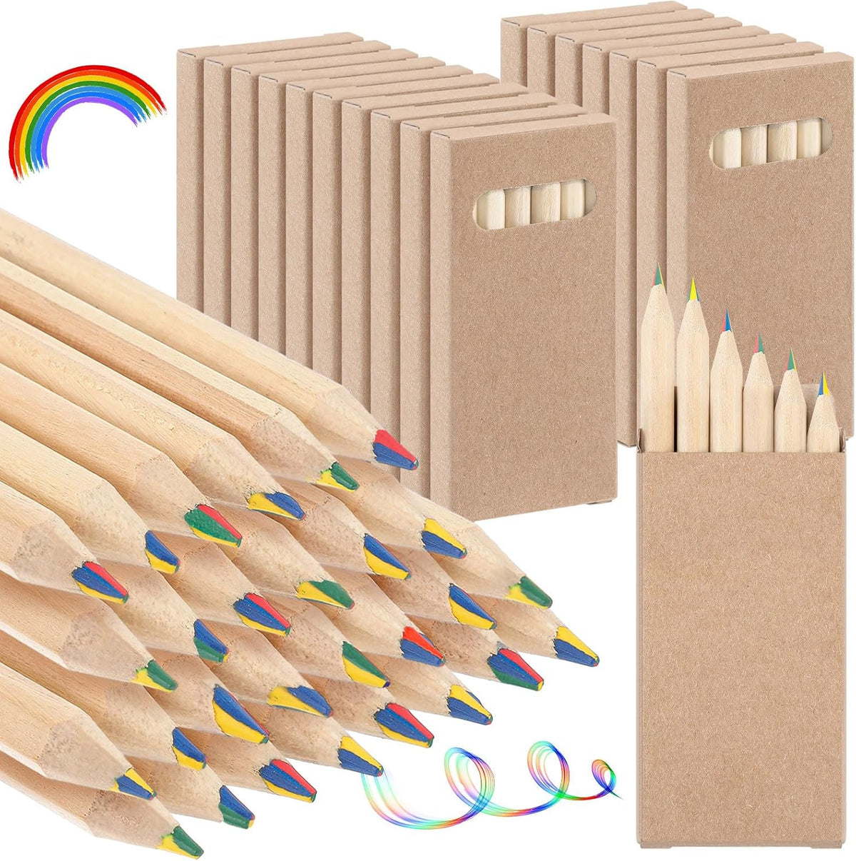 Ctosree 24 Packs 4 in 1 Rainbow Pencils 3.5 Inch Mini Colored Pencils Bulk in Kraft Boxes Gift for Kids Classroom School Drawing Birthday Christmas Party Favor, 6 Per Pack