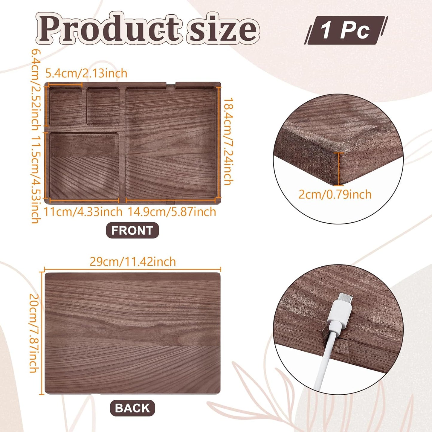 Wood Valet Tray for Men Women, Walnut Nightstand Organizer with Charging Station, Desk Drawer Organizer Tray Office Supplies, Desk Trays for Phone Watch Wallet Key Jewelry Catchall Trays