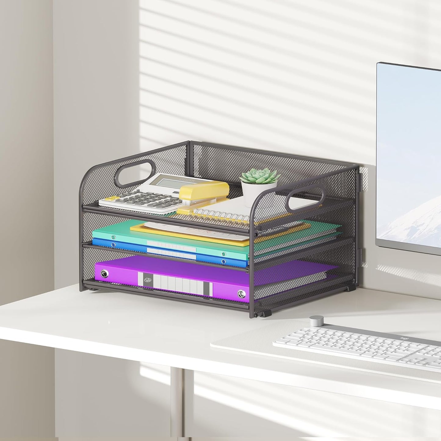 3 Tier Paper Organizer with Handle, Metal Desk Organizer Mesh Paper Letter Tray Desktop File Folder Document Sorter for Classroom, School, Office Accessories Organization and Storage - Grey