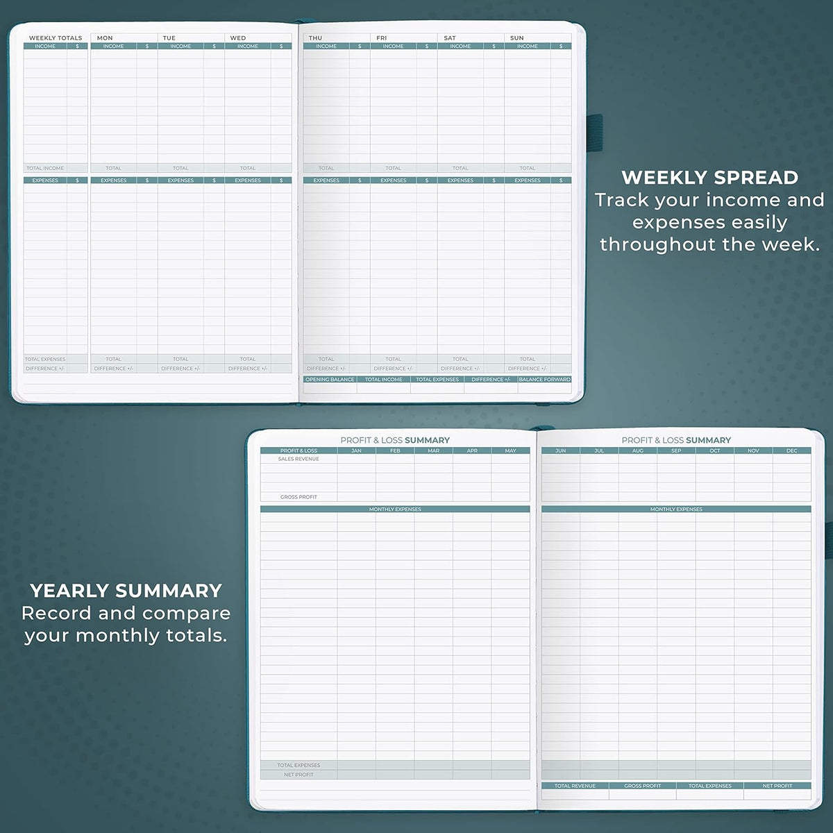 Clever Fox Income & Expense Tracker Large – Accounting & Bookkeeping Ledger Book for Small Business – 2-Year Record Notebook, A4 (Dark Teal)