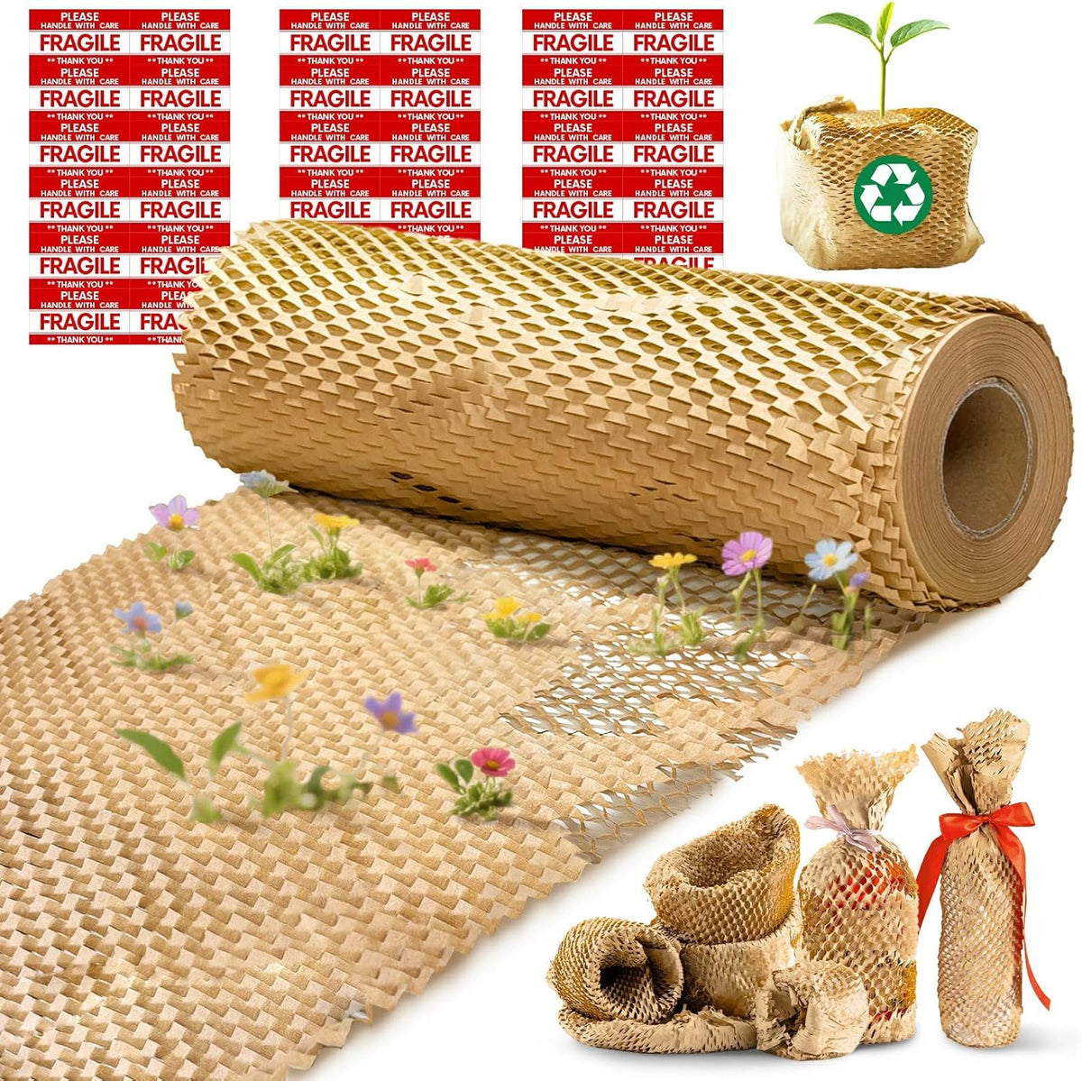 Honeycomb Packing Paper, 12"x150' Brown | Perforated Honeycomb Packing Paper Recyclable Moving Supplies for Shipping & Moving | Plastic-Free Alternative to Bubble Cushion Wrap with 36 Fragile Stickers