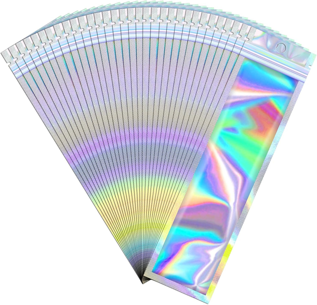 100 Pcs Mylar Bags - Holographic, Smell Proof, Resealable with Clear Window - Sealable for Pen, Brushes, Jewelry, Candy, Necklaces (2.4x9in)