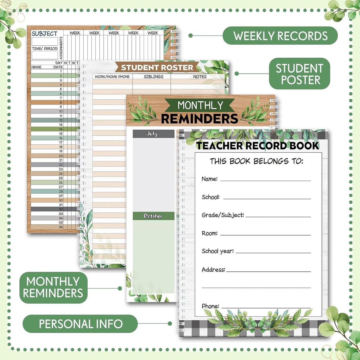 Teacher Record Book Teacher Grade Books 2025-2026 Spiral Bound Record Class Grade Book Office Favors Gift for Classroom Attendance Supplies Decoration Double Sided(Boho Plant)