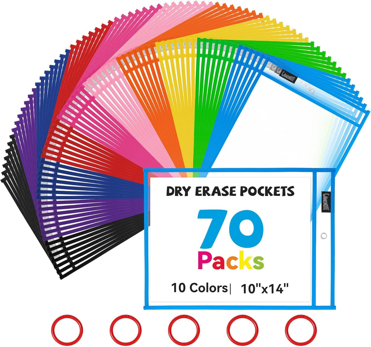 Gamenote 70 Pack Dry Erase Pockets with 5 Rings, 10 Assorted Colors 10x14 Oversized Reusable Plastic Sleeves, Clear Sheet Protectors, Teacher Supplies for Classroom Organization