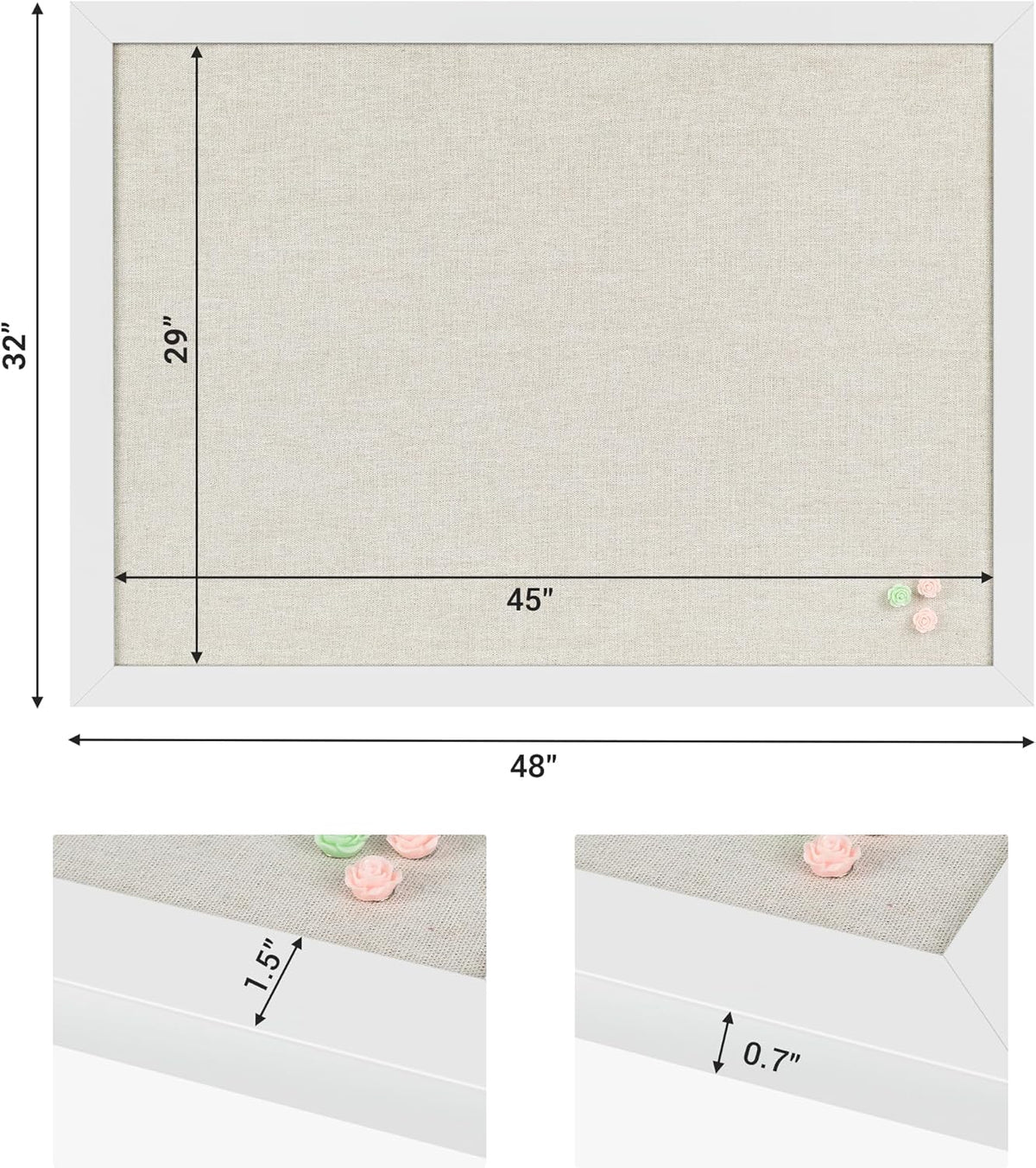 Board2by Farmhouse Linen Cork Bulletin Board 48 x 32, White Wood Framed 4 x 3 Corkboard, Office Board for Wall Decor, Large Pin Board Picture Board with 20 Pushpins for School, Home & Office