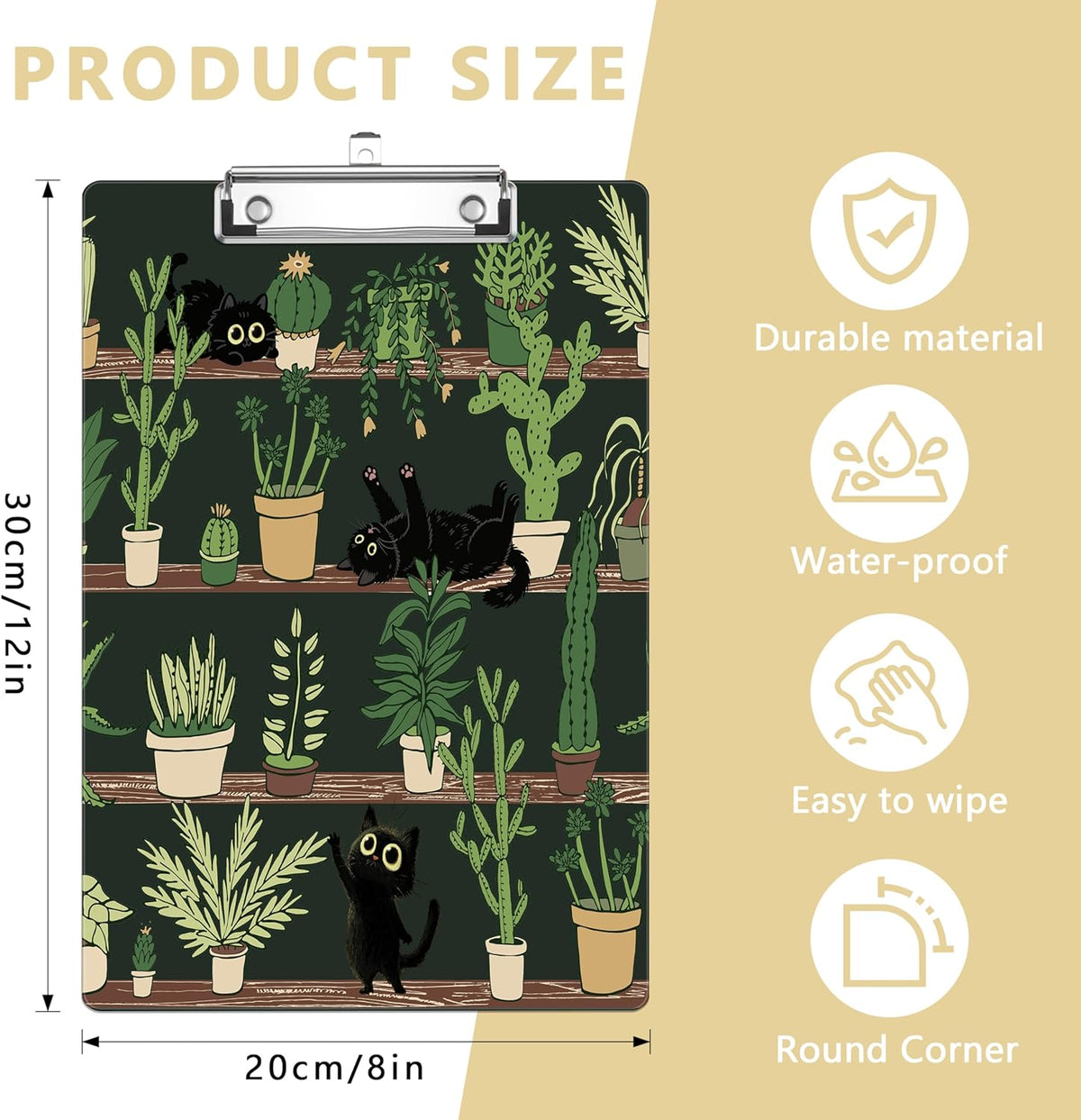 Cactus Plastic Clipboards,Decorative Black Cat Plastic Acrylic Clipboard for Teacher Social Worker Students Office Supplies 8 * 12