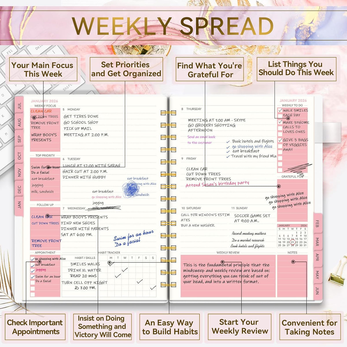 Planner 2025-2026-Weekly and Monthly, Academic Planner 2025-2026 run from Jul.2025 - Jun.2026, Planners 2025-2026 for Women, AIMPEAK Daily Calendar Planners for Teacher & Student, Monthly Tabs, Pink Marble, 5.5"x8.5"
