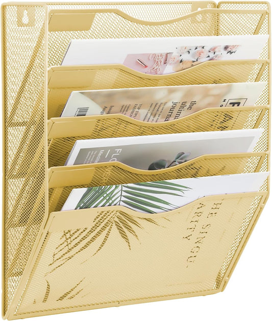EASEPRES 5 Pocket Mesh Hanging Wall File Organizer, Wall Mounted Mail Paper Document Folder Holder, Clipboard Storage Organization Magazine Rack with Nametag Label for Office Home School, Gold