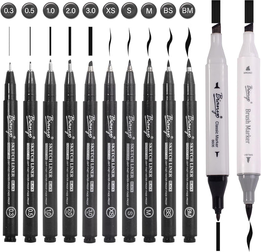 Bianyo Art Drawing Pens Art Supplies - 10 Assorted Art Pens + 2 Black Art Markers, Upgraded Pigment Water-Resistant Archival Ink, Bonus Pouch Bag - Perfect for Artists, Crafters