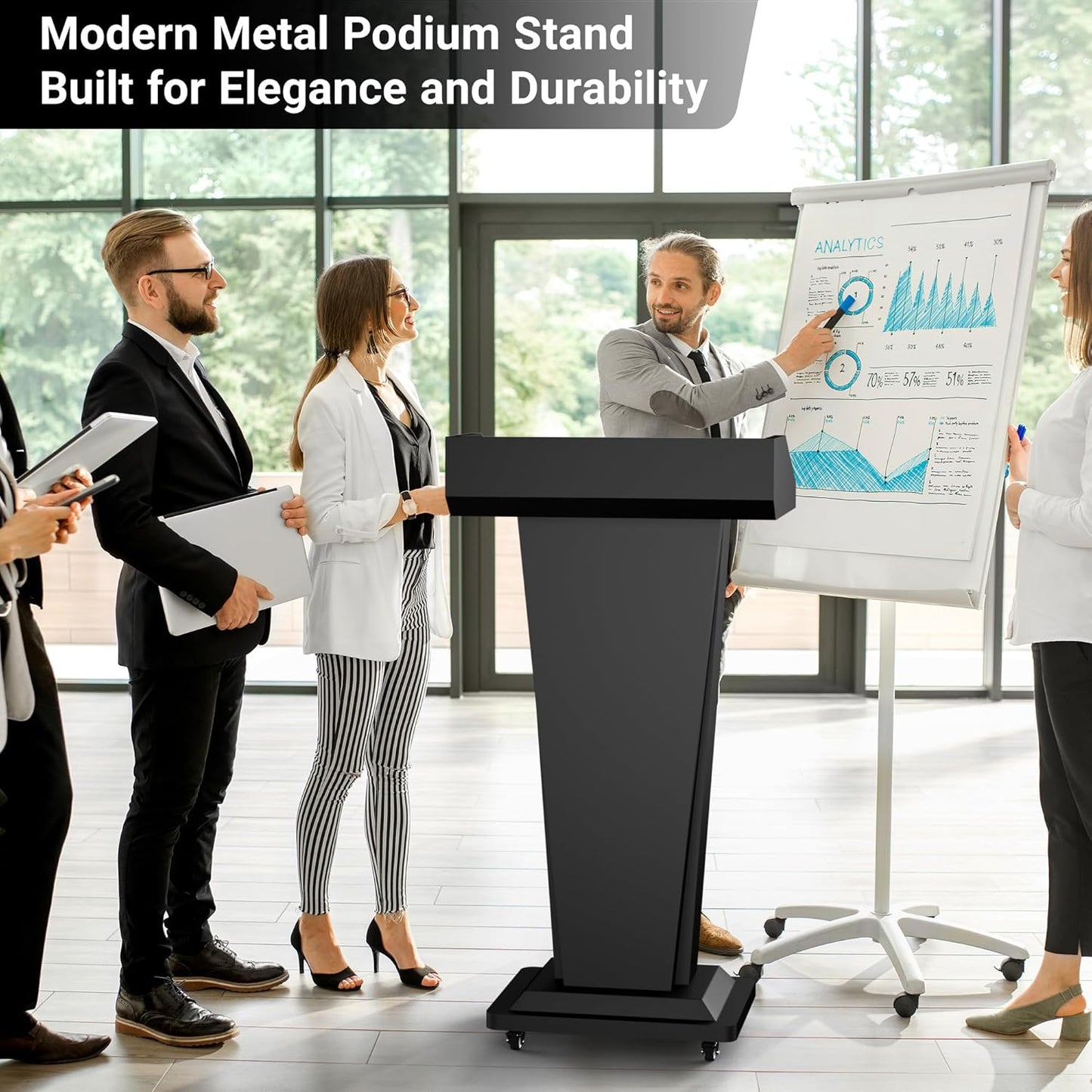 Tredre Podium Stand with Wheels, Heavy-Duty Metal Lecterns & Podiums with Storage, 46.5”H Portable Pulpits for Churches, Classrooms and Conferences, Scratch-Resistant Surface, Black