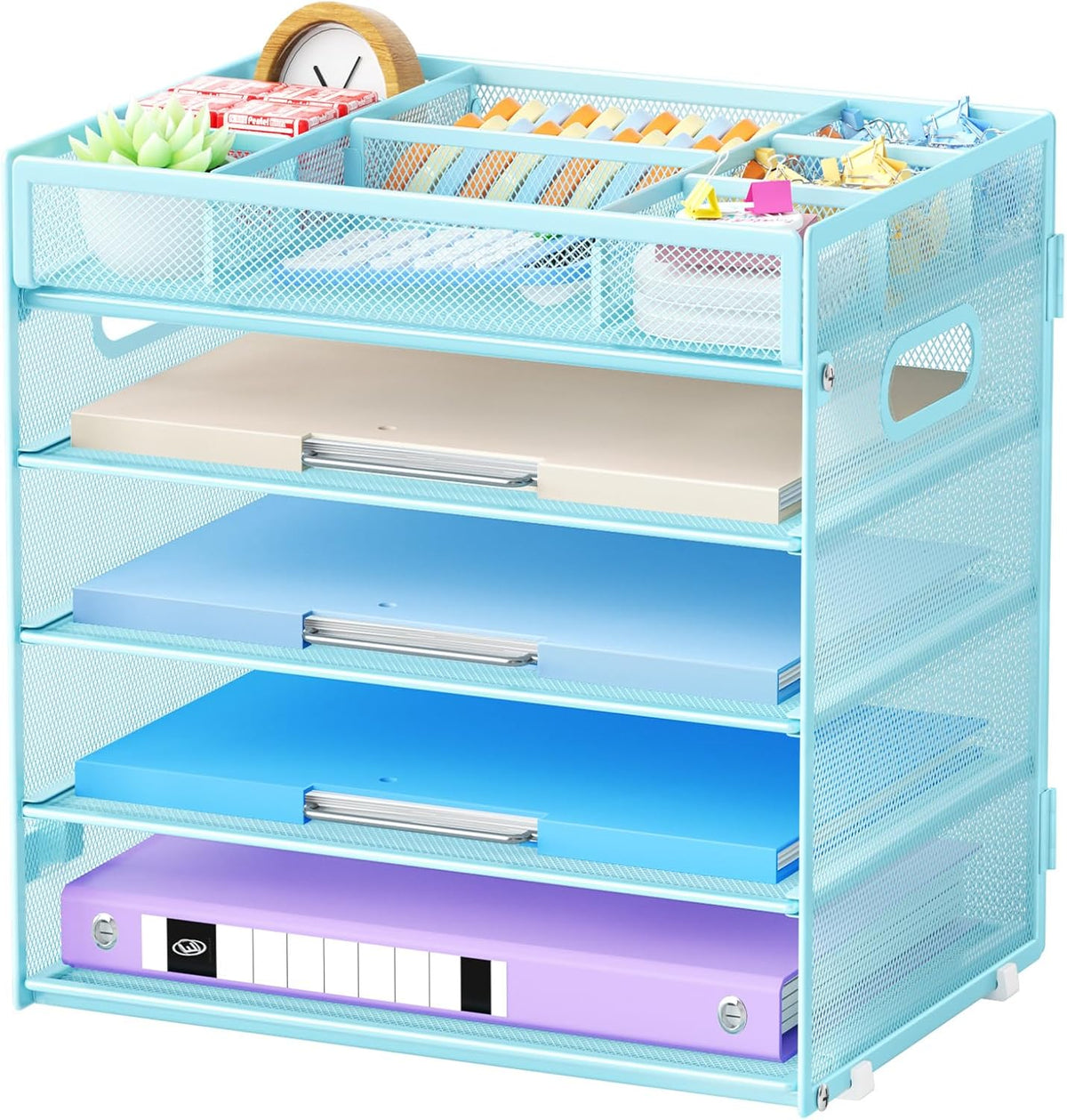 Marbrasse 5-Tier Letter Tray Paper Organizer with Handle, Multi-Functional Mesh File Organizer for Desk, Adjustable Compartments Mesh Desktop Storage for Office Supplies,Blue