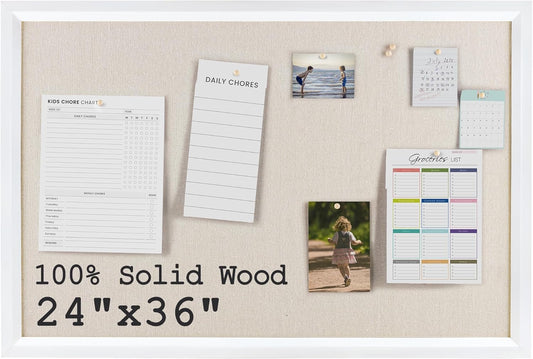 Bulletin Board Cork Board with Linen, 100% Wood Framed 24" x 36" Bulletin Board Decorations, Pin Boards for Walls, Wall Mounted Fabric Picture Board with 10 Pushpins for School, Home & Office, White