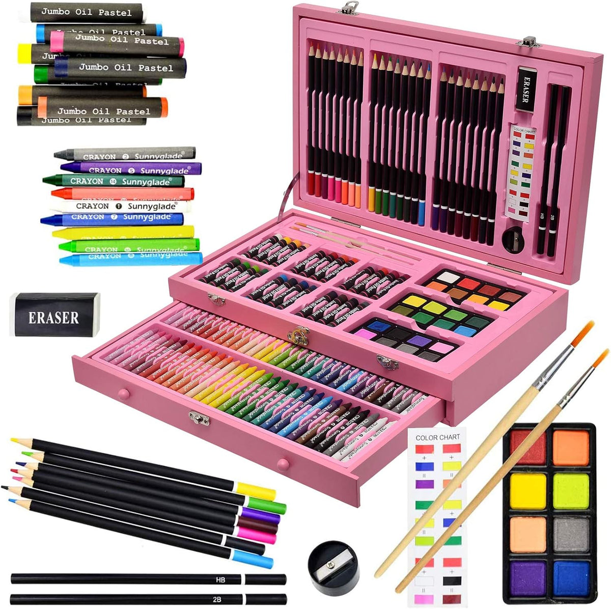 Sunnyglade 145 Piece Deluxe Art Set, Wooden Art Box & Drawing Kit with Crayons, Oil Pastels, Colored Pencils, Watercolor Cakes, Sketch Pencils, Paint Brush, Sharpener, Eraser, Color Chart (Pink)