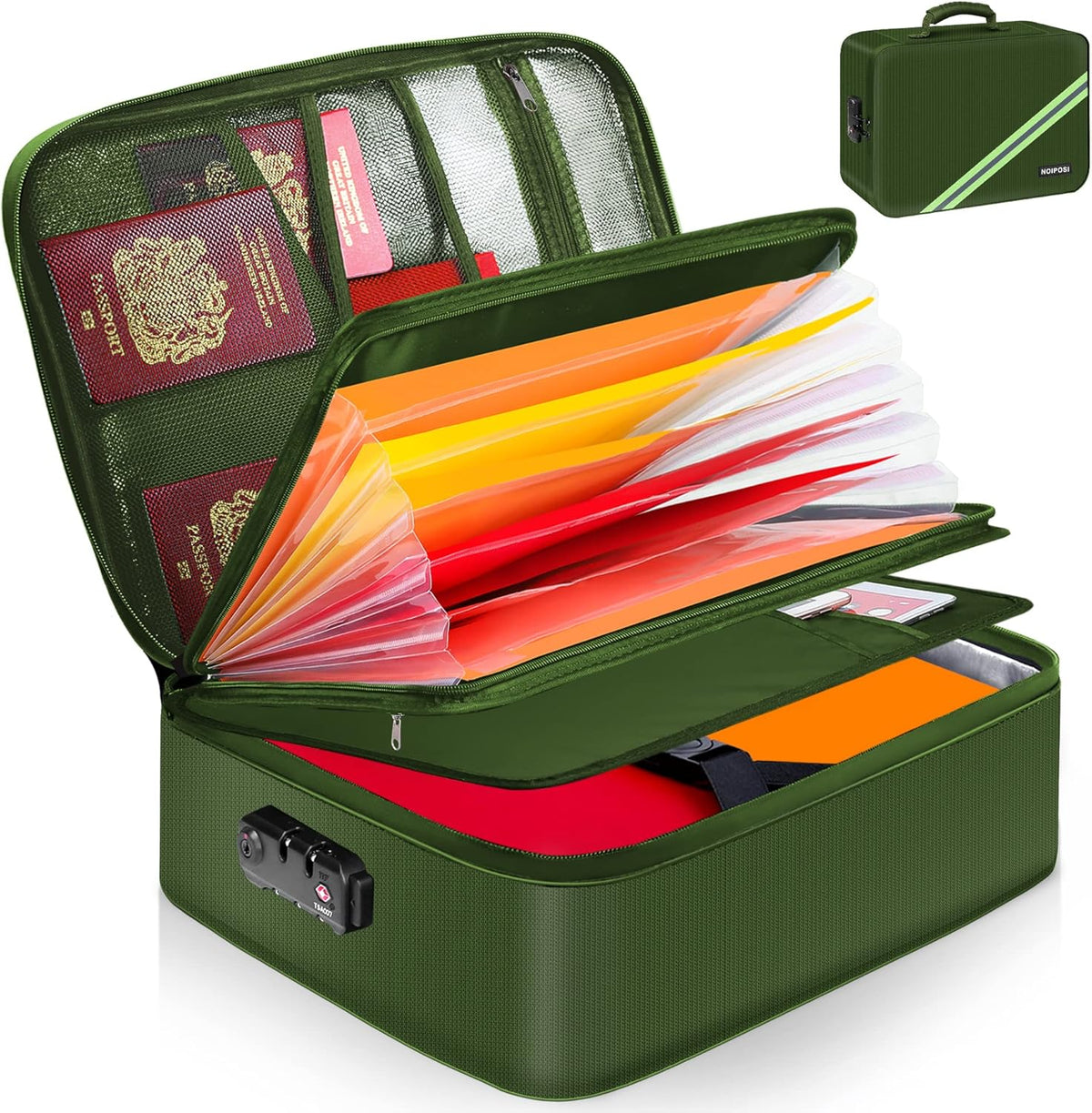 Noiposi Document Organizer with 5200℉ Heat Insulated,16.1"x11.4"x4.3" Waterproof and Fireproof Document Box,Portable Home Travel Safe Storage Box for Important Documents and File,Green