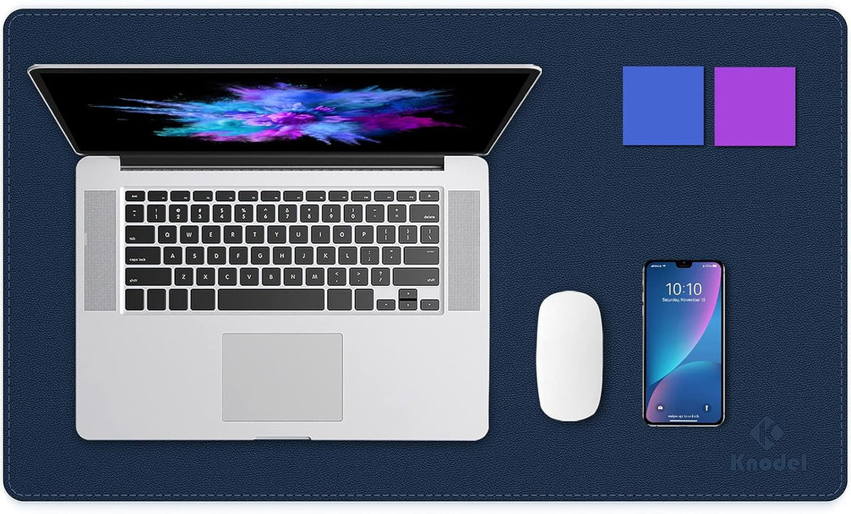 K KNODEL Desk Mat, Blotter, Dual-Sided Office Desk Pad, Waterproof Desk Mat for Desktop, Desk Blotters, PVC Leather Pad Protector (Dark Blue, 23.6" x 13.8")