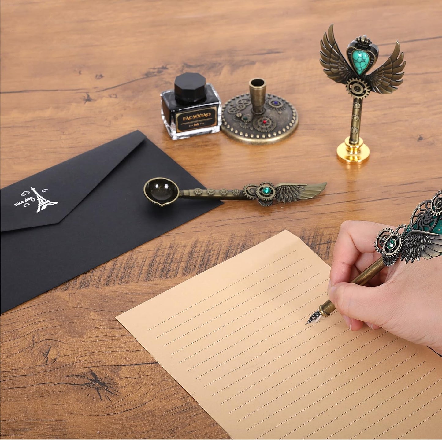Quill Pen Set, Green, Feather Pen, Ink, Bookmarks, Seals, Nibs, Wax Bead, Envelopes, Writing Paper, Gift Box