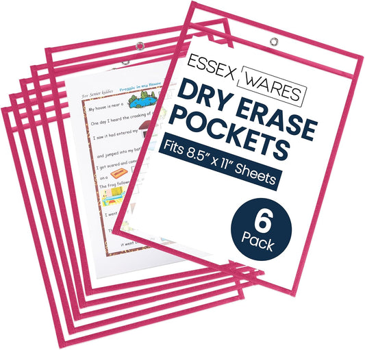 Essex Wares - 6 Pack, Magenta, Durable Water-Resistant Dry Erase Pocket Document Protectors, 10" Wide x 13.5" Tall - Dry Erase Clear Plastic Sleeves - Reusable & Easy Erase Plastic Invoice Holders