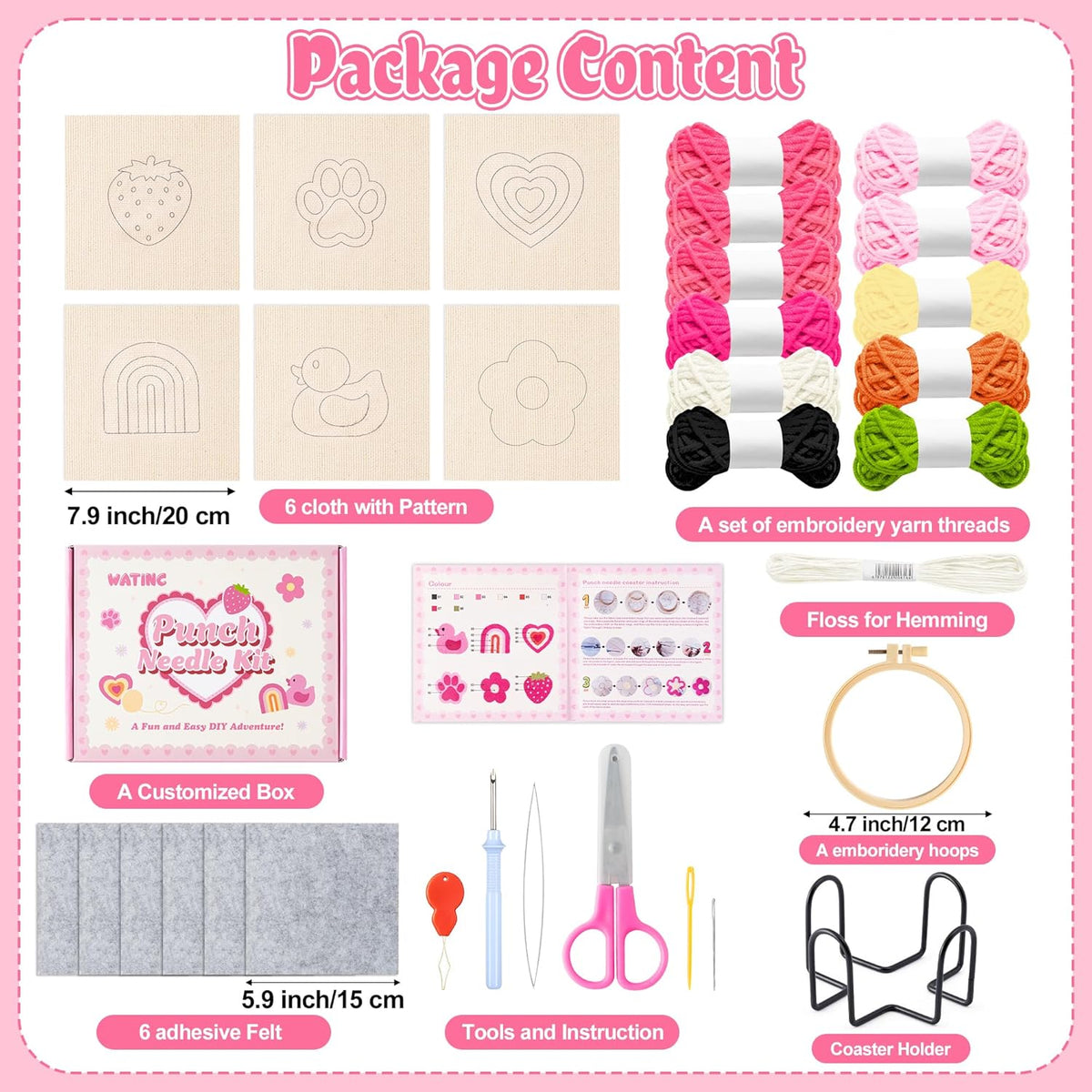 WATINC Punch Needle Coaster Kits - 23Pcs Easy Art Work Decor Craft Supply for Beginners, DIY Set of 6 Unique Pattern Tufted Pads with Adhesive Felt Yarns Tools Instruction Customized Boxes (Pink)