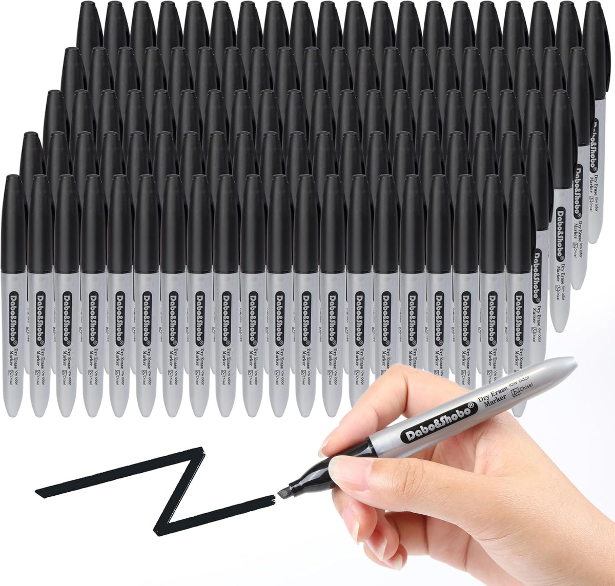 Dabo&Shobo Dry Erase Markers, 100 Count Black Whiteboard Markers, New Barrel Color, Low Odor, Chisel Tip, Suitable for School, Office, or Home