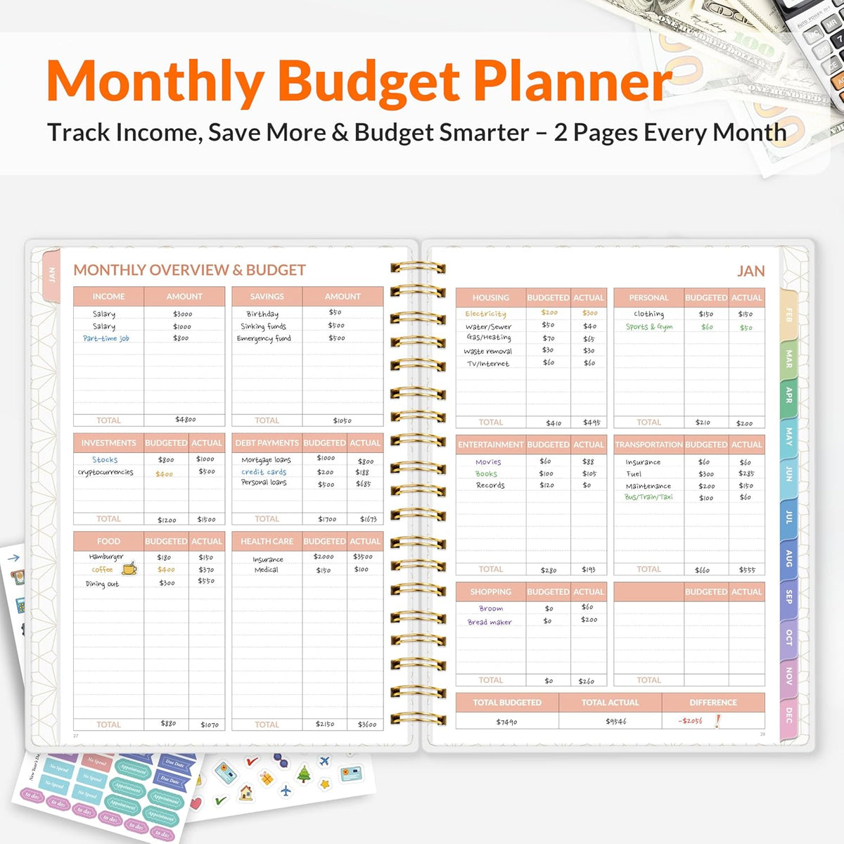 SUNEE 2026 Budget Planner - Deluxe Monthly Budget Book from JAN 2026 - DEC 2026, Bill Organizer with 12-Pockets, Expense Tracker Notebook B5 Size (8" x 10"), Finance Planner Account Book, Pink