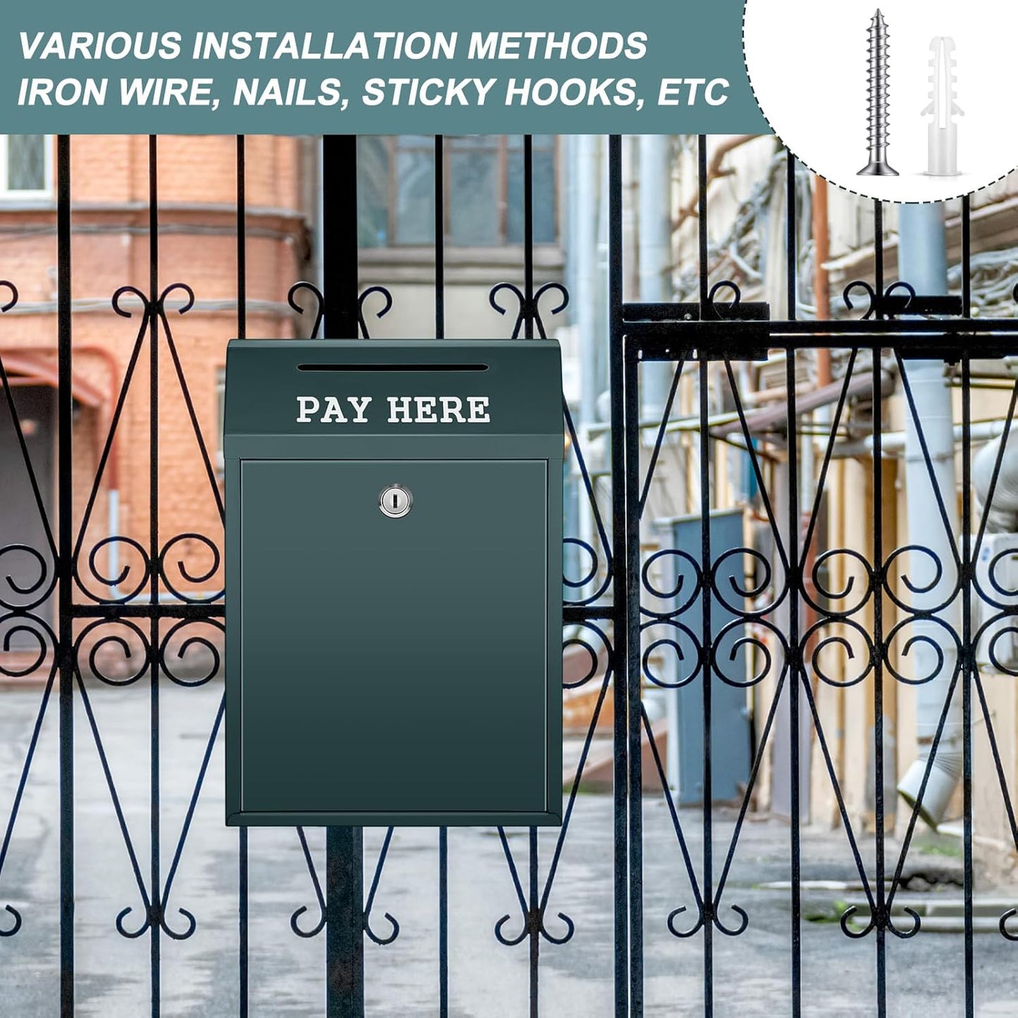 Safe Cash Box Money Collection Metal Donation Box with Lock Wall Mount Pre Drilled Mailbox Delivery Ballot for Home Office Outdoor Self Serve Stand (Dark Green,11.8 x 8.6 x 4.7 Inch)