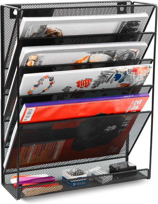 EasyPAG Wall File Holder 5 Tier Vertical Hanging File Organizer Wall Mount Paper Folder Rack with Bottom Flat Tray for Office and Home,Black