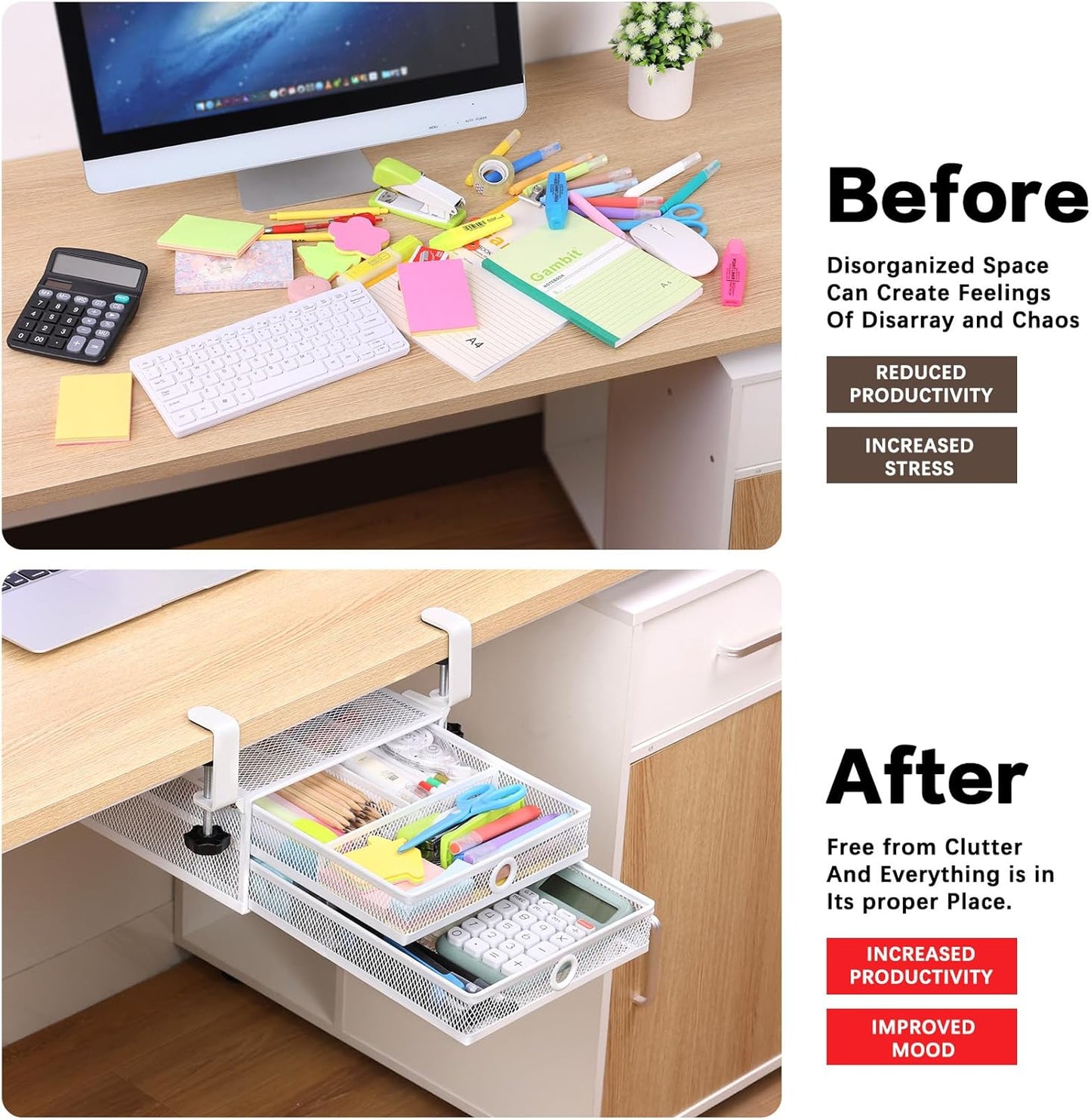 2-Tier Clamp-On Mesh Organizer, Under Desk Storage with Slide-Out Tray, No Drilling Tool-Free Installation, Durable Rust-Resistant Metal, Large-Capacity Organizer.