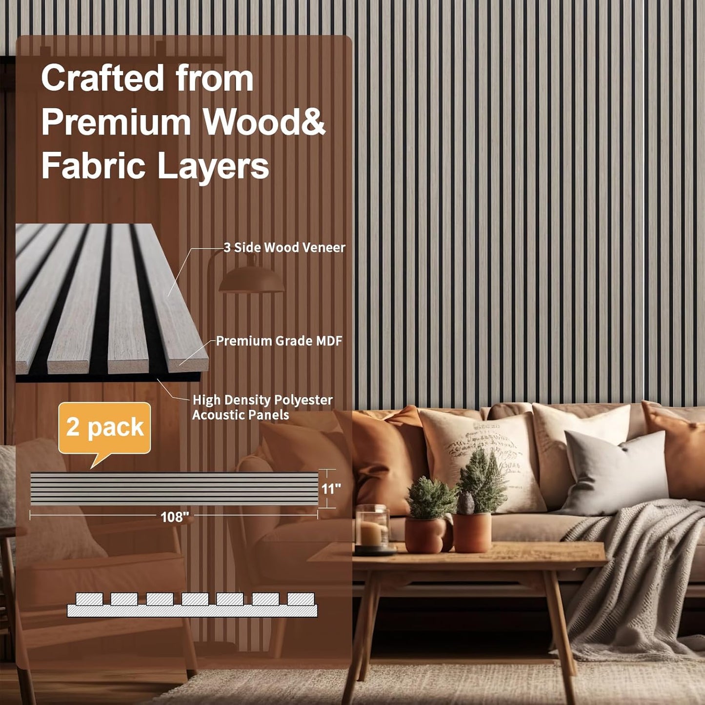 Yuzzy Wood Panels for Wall and Ceiling - 108 x 11 Inch Wood Slat Acoustic Panels 2 PCS - Modern Sound Absorbing Wall Panels for Interior Wall Decor for Home, Office, Studio - Rustic Gray Oak