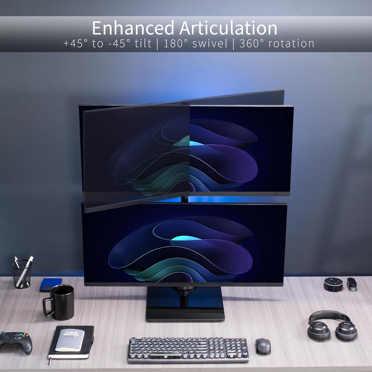 VIVO Dual Monitor Desk Stand with Tempered Glass Base, Free-Standing LCD Mount, Holds in Stacked Vertical Position 2 Ultrawide Screens up to 34 inches, Black, STAND-V002LG