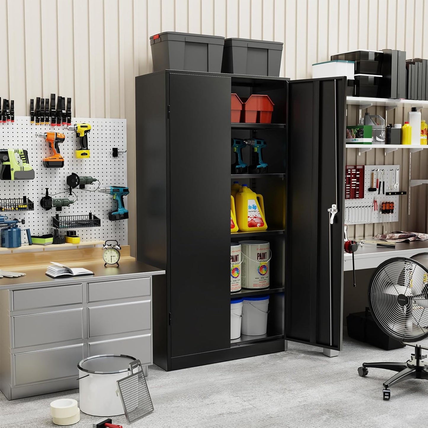 SUNCROWN 72" Metal Storage Cabinet - Heavy-Duty Metal Garage Cabinet with 4 Adjustable Shelves & 2 Doors for Tools, Office, Home, Workshop,Black