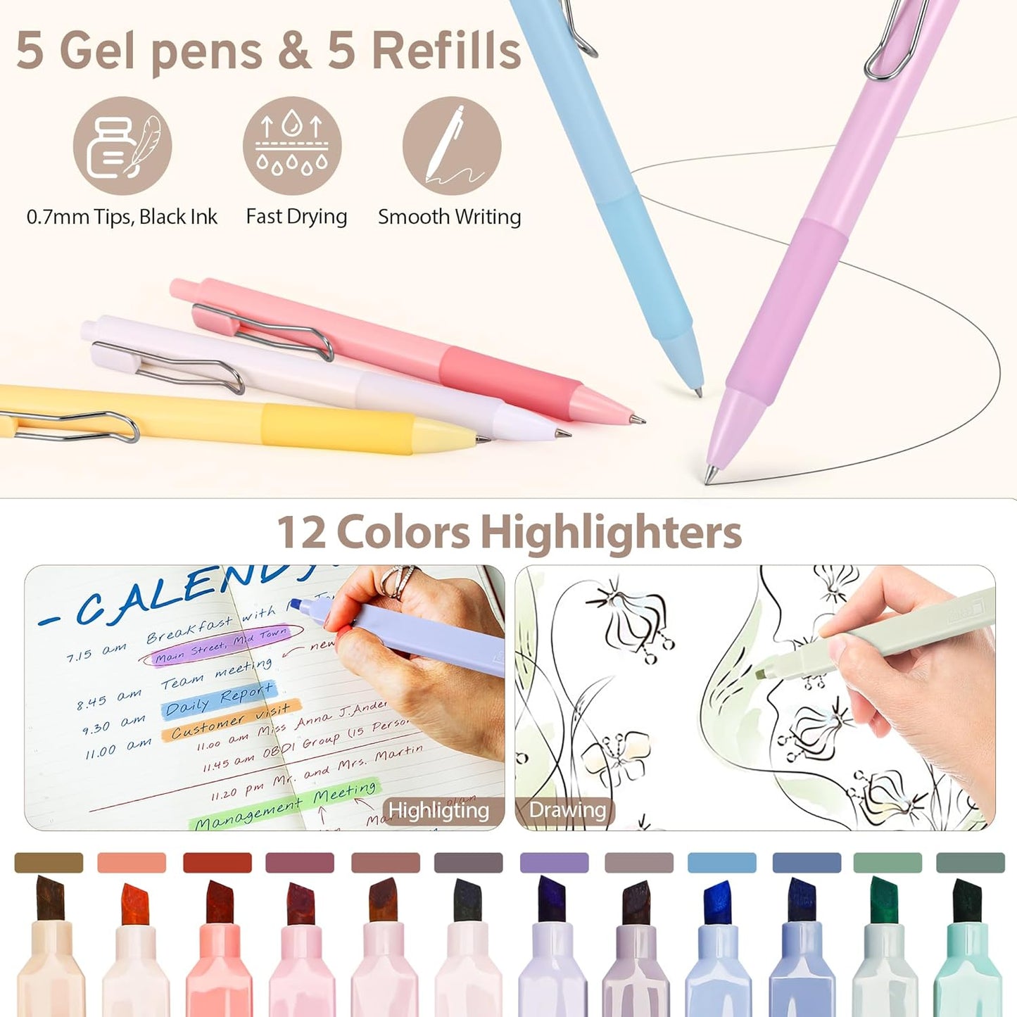 DazSirit 62 PCS Aesthetic School Supplies with Foldable Pencil Case, 12 Pastel Highlighters, 4 Erasable Pens, 5 Gel Pens, 6 Mechanical Pencils, Sticky Notes, Complete Stationery Kit for Teens, Pink