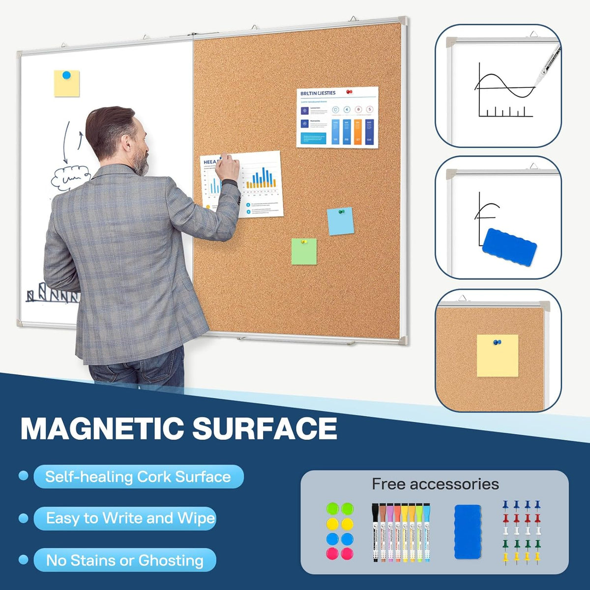 Large White Board Dry Erase Foldable Cork Board Combo, 48" x 36" Double Sided Dry Erase Board for Wall, Magnetic Whiteboard Cork Board Combination for Office, Home, School, Kitchen
